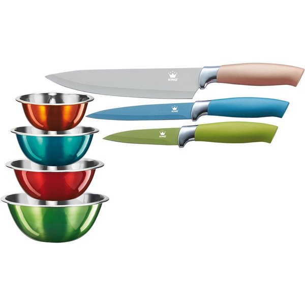 KING Allzweckmesser Metallic, 7tlg., 3 Messer, 4 Schüsseln aus Edelstahl