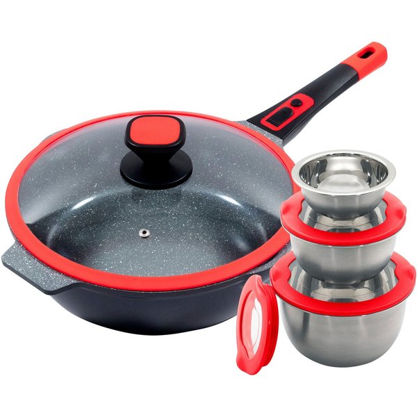KING Bratpfanne Click-Grip, Aluminiumguss (Set, 8-tlg., 3 Ø17.5 Ø14.5cm Ø12cm mit Deckeln, 1 Pfanne Ø32cm mit Glasdeckel), Induktion, mit Glasdeckel, abnehmbare
