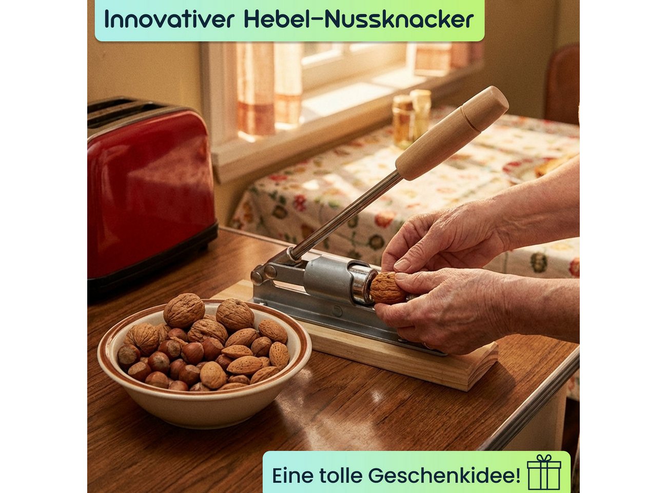 King Hoff Nussknacker Hebel-Nussknacker im Retro-Design, Holz & Metall, kraftsparend, Deko, Innovativer Nussöffner aus Holz und Metall Hebeltechnik für Walnüsse – Bild 3 von 5