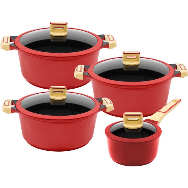 KING Kochtopf GOURMET, Aluminiumguss (Set, 8-tlg), Induktion, matte Oberfläche, Set + 3 Töpfen, 1 Stieltopf, 4 Glasdeckel