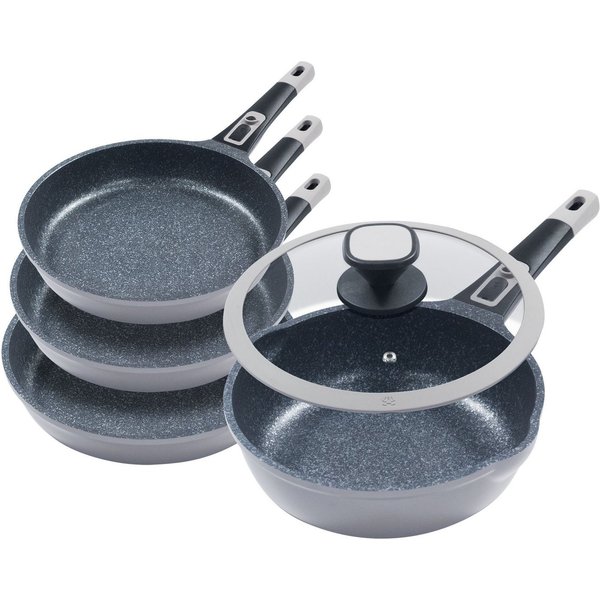 KING Pfannen-Set Moonscape, Aluminiumguss (Set, 5-tlg., je 1 Pfanne Ø 20/24/28/28 cm, H: 4,5/5/5,5/8,5 cm, - 1/1,9/2,5/4 l), abnehmbarer Griff, MOONSCAPE-Beschi