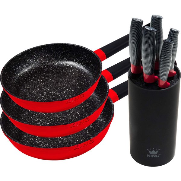 KING Pfannen-Set Shine Red, Aluminiumguss (Set, 3-tlg., je 1 Bratpfanne Ø 20/24/28 cm, H: 5/5,5/6 cm, - 1/1,9/2,5 l), Induktion, mit 6-teiligem Messerblock