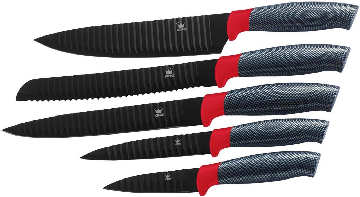 KING Pfannen-Set Shine Red, Aluminiumguss (Set, 3-tlg., je 1 Bratpfanne Ø 20/24/28 cm, H: 5/5,5/6 cm, - 1/1,9/2,5 l), Induktion, mit 6-teiligem Messerblock – Bild 3 von 4