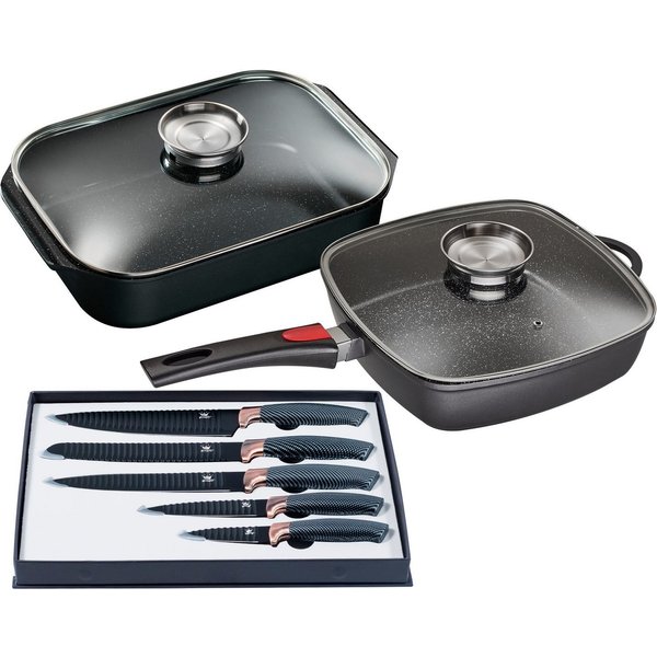 KING Pfannen-Set Square, Aluminiumguss (Set, 7-tlg., 1x Eckpfanne 28x28 cm, 1x Bräter 40x26 cm, 1x Messer-Set (5-teilig), Induktion, inkl. Messer-Set