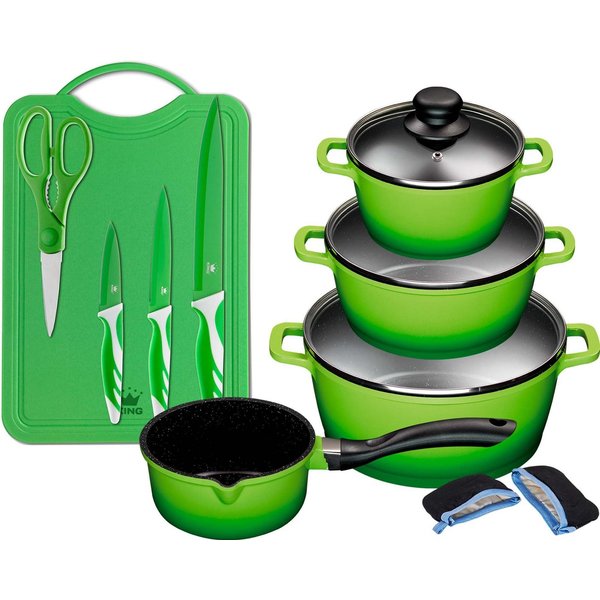 KING Topf-Set ALUGUSS, Aluminiumguss (Set, 14-tlg., je 1 Kochtopf 16/20/24 cm, 1 Stieltopf 16 cm, Schneidebrett mit Messer), Glasdeckel, Induktion,Keramikantiha