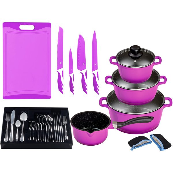 KING Topf-Set »ALUGUSS« Aluminiumguss, Induktion, Antihaftbeschichtung, Aluminiumguss (Set, 43-tlg., 3 Töpfe, 1 Stieltopf, 3 Glasdeckel), inkl. 4 Küchenmesser, 