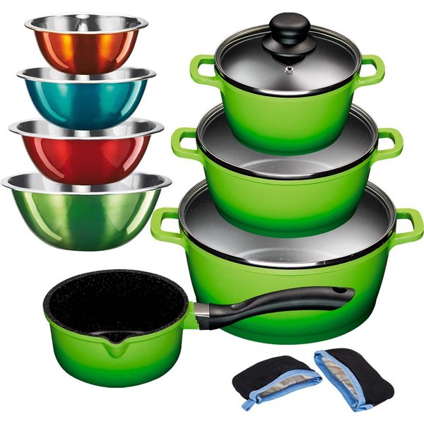 KING Topf-Set ALUGUSS, Aluminiumguss (Set, 13-tlg., je 1 Kochtopf 16/20/24 cm, 1x Stieltopf 16 cm, 4 Schüsseln, Grips), Glasdeckel,Induktion,Keramikantihaftbesc