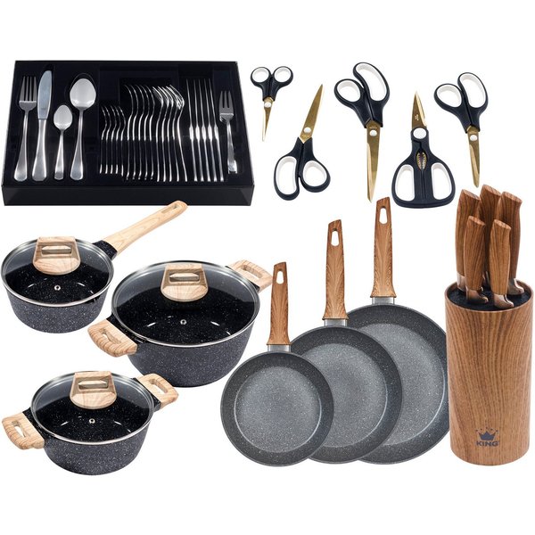 KING Topf-Set Essential 21, Aluminiumguss (Set, 51-tlg., 3Töpfe,5Messer,Messerblock,3Pfannen,Etui,Menü-+Kuchenbesteck,5Schere), Holzoptik, Induktion