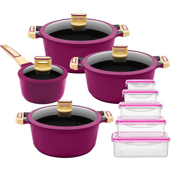 KING Topf-Set GOURMET«, Aluminiumguss (Set, 18-tlg., Kochtopf 18/20/24 cm, Stieltopf 16 cm, Vorratsdosen-Set), Deckel Silikonrand,Antihaft-Beschichtung,Induktio