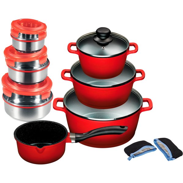 KING Topf-Set Rosenblüte, Aluminiumguss (Set, 15-tlg., je 1 Kochtopf 16/20/24 cm, 1 Stieltopf 16 cm, Schüsselset, Grips), Deckel, Keramik-Antihaft-Beschichtung,