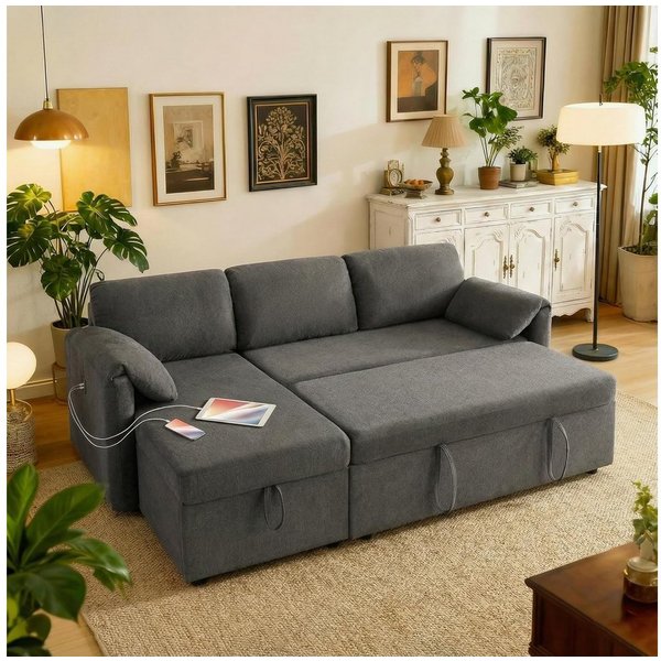 Kingfun Schlafsofa L-förmiges mit Stauraum, ausziehbarem Bett, USB-Anschlüssen, 2 Teile, Sofa für kleine Wohnungen