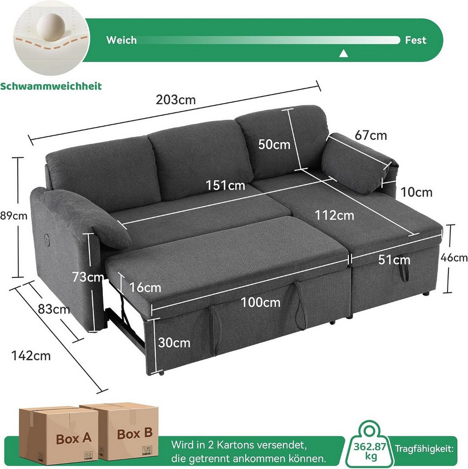 Kingfun Schlafsofa L-förmiges mit Stauraum, ausziehbarem Bett, USB-Anschlüssen, 2 Teile, Sofa für kleine Wohnungen – Bild 2 von 5