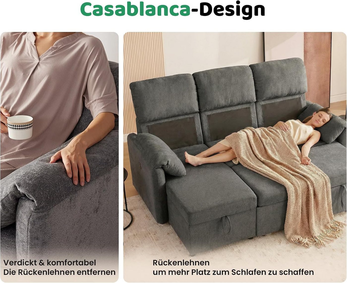 Kingfun Schlafsofa L-förmiges mit Stauraum, ausziehbarem Bett, USB-Anschlüssen, 2 Teile, Sofa für kleine Wohnungen – Bild 4 von 5