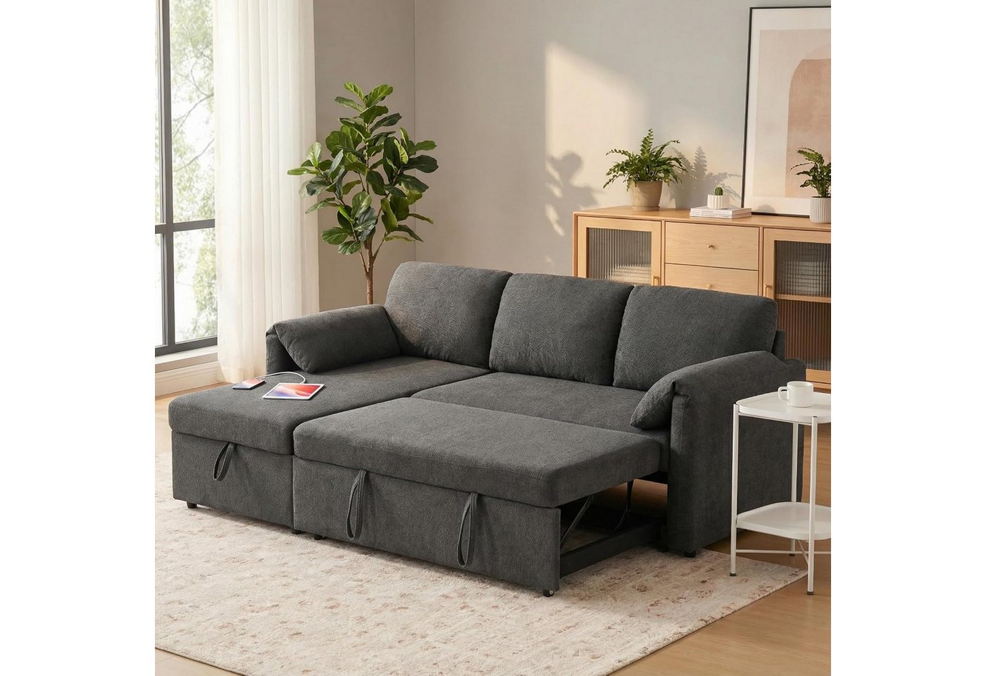 Kingfun Schlafsofa L-förmiges mit Stauraum, ausziehbarem Bett, USB-Anschlüssen, 2 Teile, Sofa für kleine Wohnungen – Bild 5 von 5