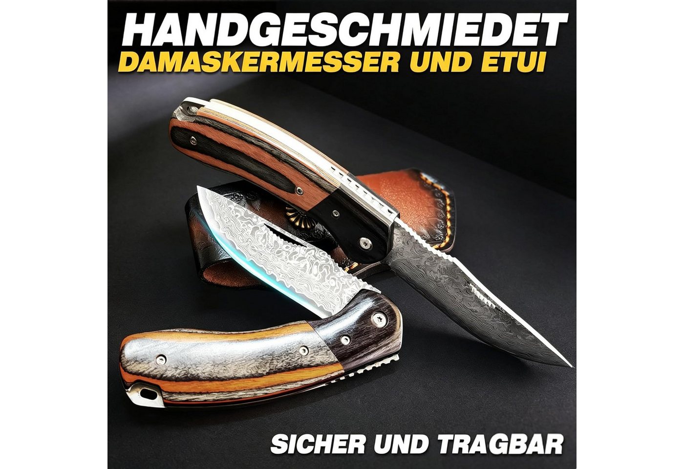 KingLux Damastmesser Damast Taschenmesser Klappmesser mit Damaststahl,Messerscheide Leder – Bild 2 von 5