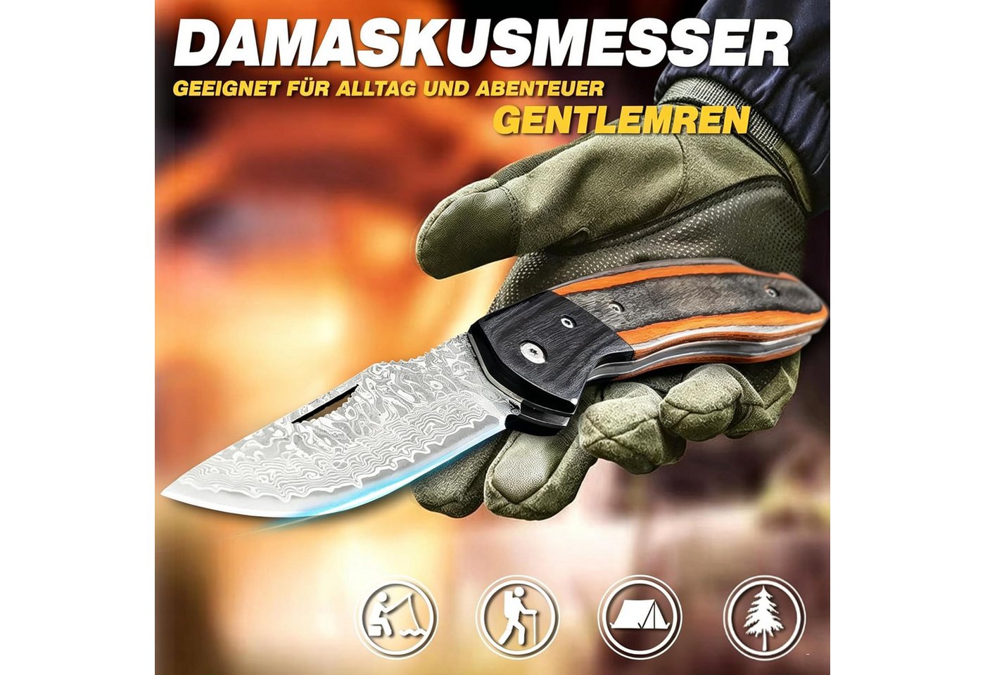 KingLux Damastmesser Damast Taschenmesser Klappmesser mit Damaststahl,Messerscheide Leder – Bild 3 von 5
