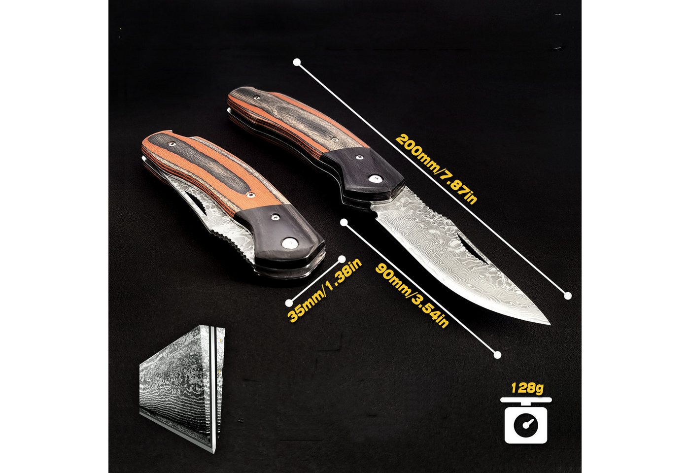 KingLux Damastmesser Damast Taschenmesser Klappmesser mit Damaststahl,Messerscheide Leder – Bild 4 von 5