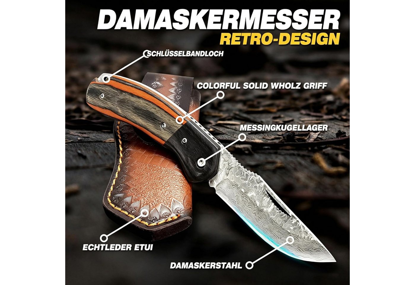 KingLux Damastmesser Damast Taschenmesser Klappmesser mit Damaststahl,Messerscheide Leder – Bild 5 von 5