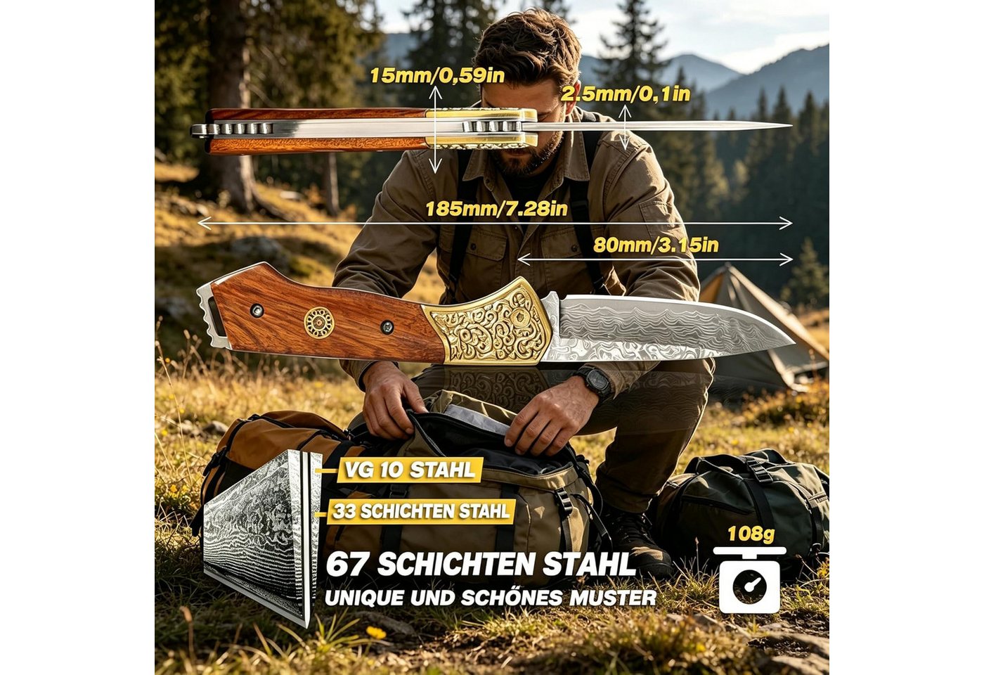 KingLux Damastmesser Einhandmesser Damast Taschenmesser Outdoor Klappmesser – Bild 3 von 5