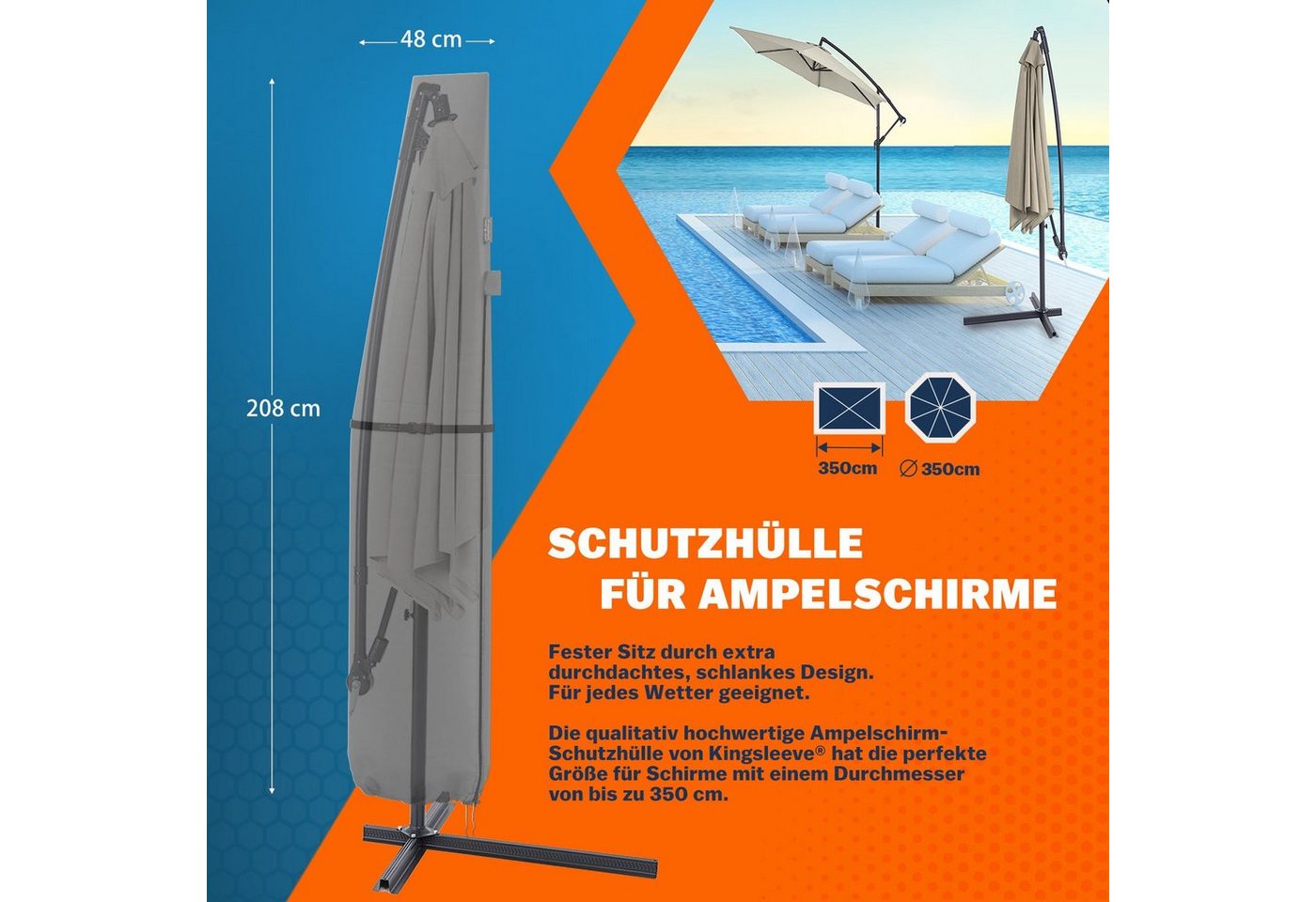 Kingsleeve Sonnenschirm-Schutzhülle, Ampelschirm mit Stab bis Ø 350 cm Wetterdicht Groß Sonnenschirm Grau – Bild 2 von 5