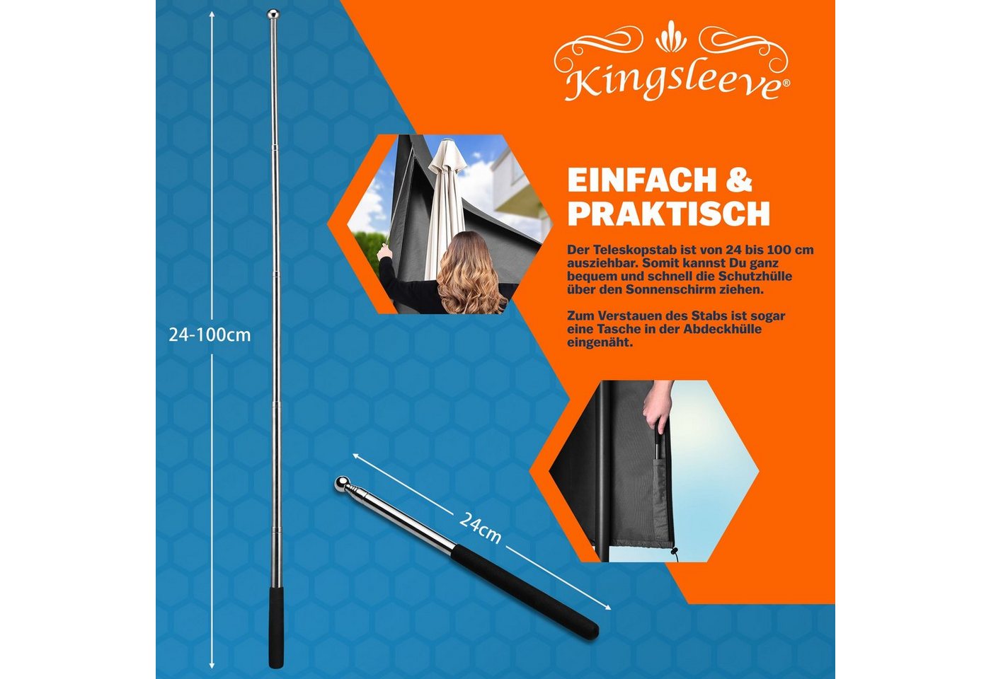 Kingsleeve Sonnenschirm-Schutzhülle, Ampelschirm mit Stab bis Ø 350 cm Wetterdicht Groß Sonnenschirm Grau – Bild 3 von 5