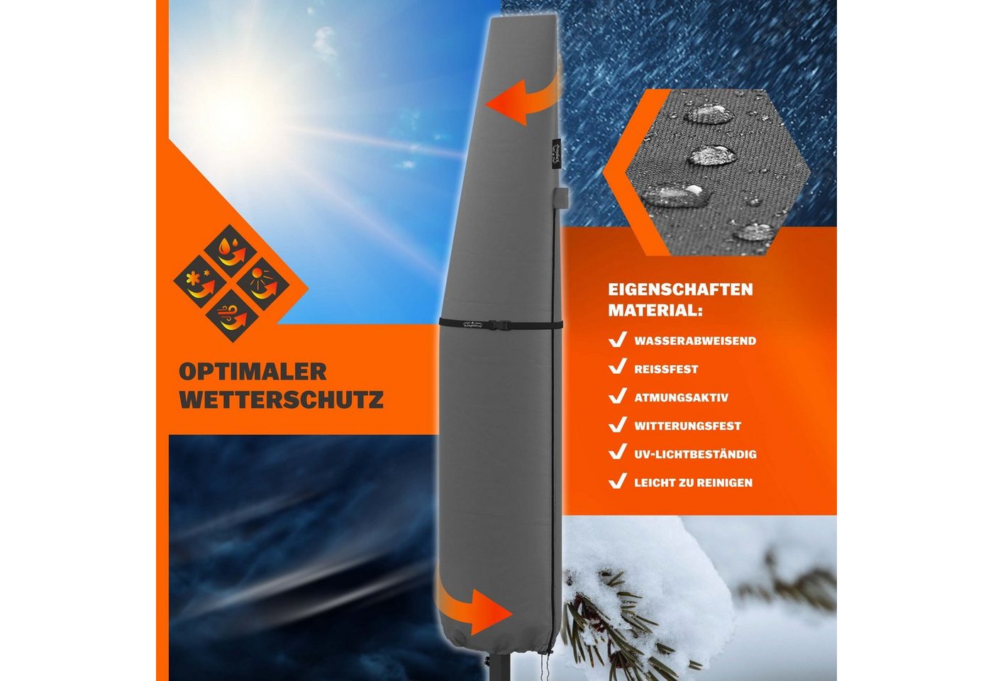 Kingsleeve Sonnenschirm-Schutzhülle, Ampelschirm mit Stab bis Ø 350 cm Wetterdicht Groß Sonnenschirm Grau – Bild 5 von 5