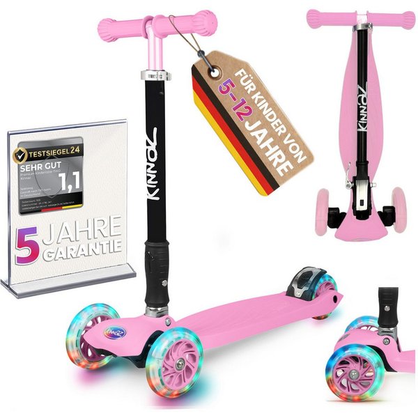 KINNAZ Dreiradscooter ab 5 Jahre, LED Räder, Höhe flexibel, faltbar, Roller Scooter Garantie, (Kinderroller, Kinnaz Two), faltbar, höhenverstellbar, LED Räder, 