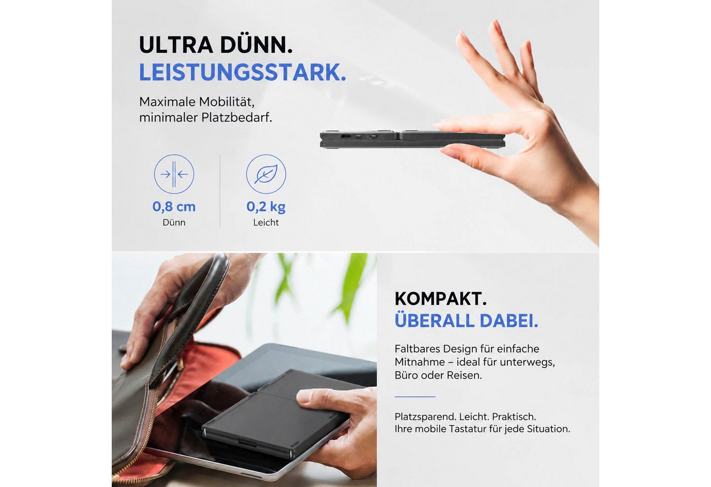 KINSI Faltbare Bluetooth Tastatur, kabellos mit Touchpad, Multi Gerät Wireless-Tastatur (Bluetooth 5.0 Verbindung für drei Geräte gleichzeitig) – Bild 2 von 5