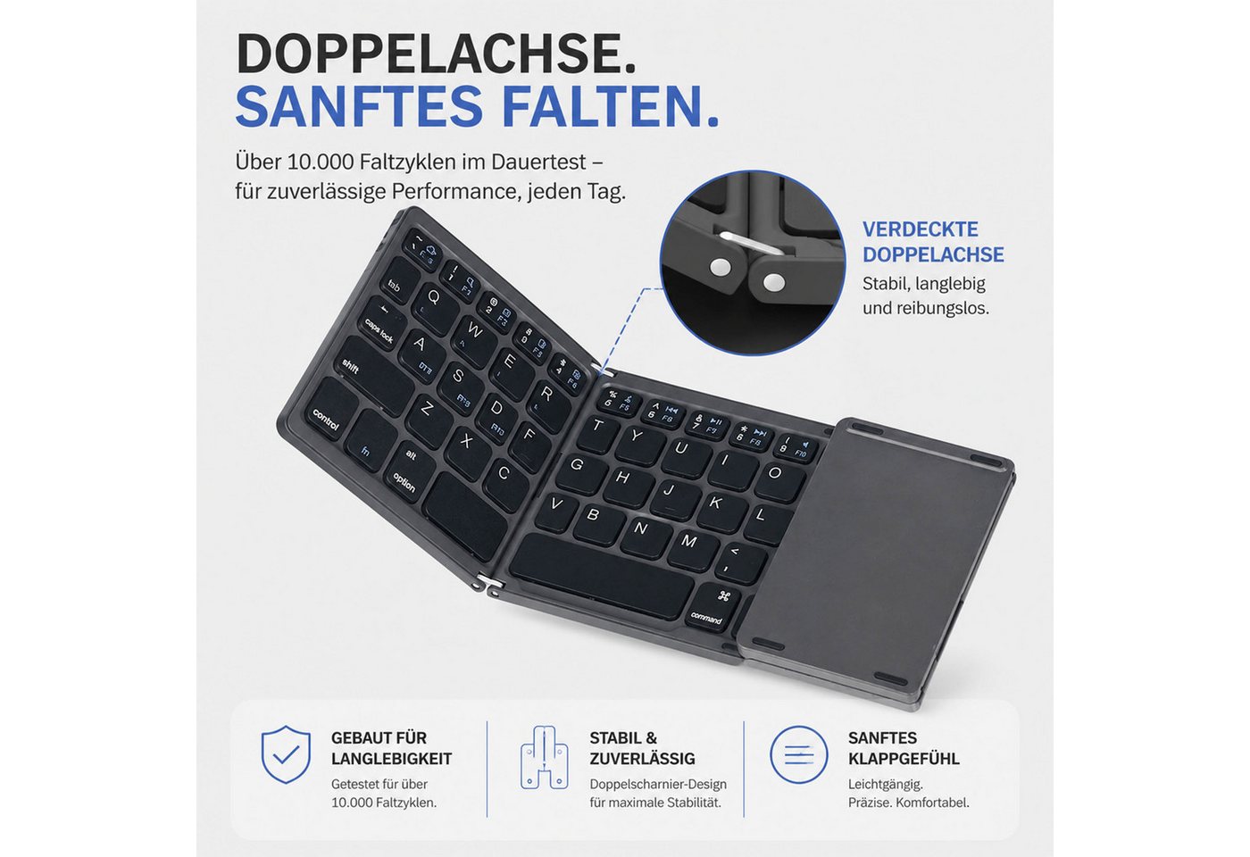 KINSI Faltbare Bluetooth Tastatur, kabellos mit Touchpad, Multi Gerät Wireless-Tastatur (Bluetooth 5.0 Verbindung für drei Geräte gleichzeitig) – Bild 3 von 5