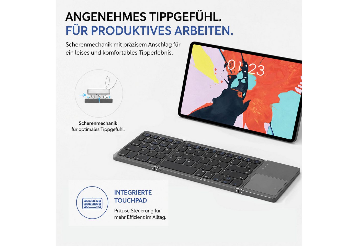 KINSI Faltbare Bluetooth Tastatur, kabellos mit Touchpad, Multi Gerät Wireless-Tastatur (Bluetooth 5.0 Verbindung für drei Geräte gleichzeitig) – Bild 4 von 5