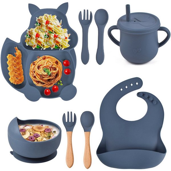 KINSI Kindergeschirr-Set Kindergeschirr-Set 8-teilig, Silikongeschirr, Eichhörnchen-Design, 1 Personen, rutschfestes, Löffel-, Gabel-, Schüssel-, Teller- und Be