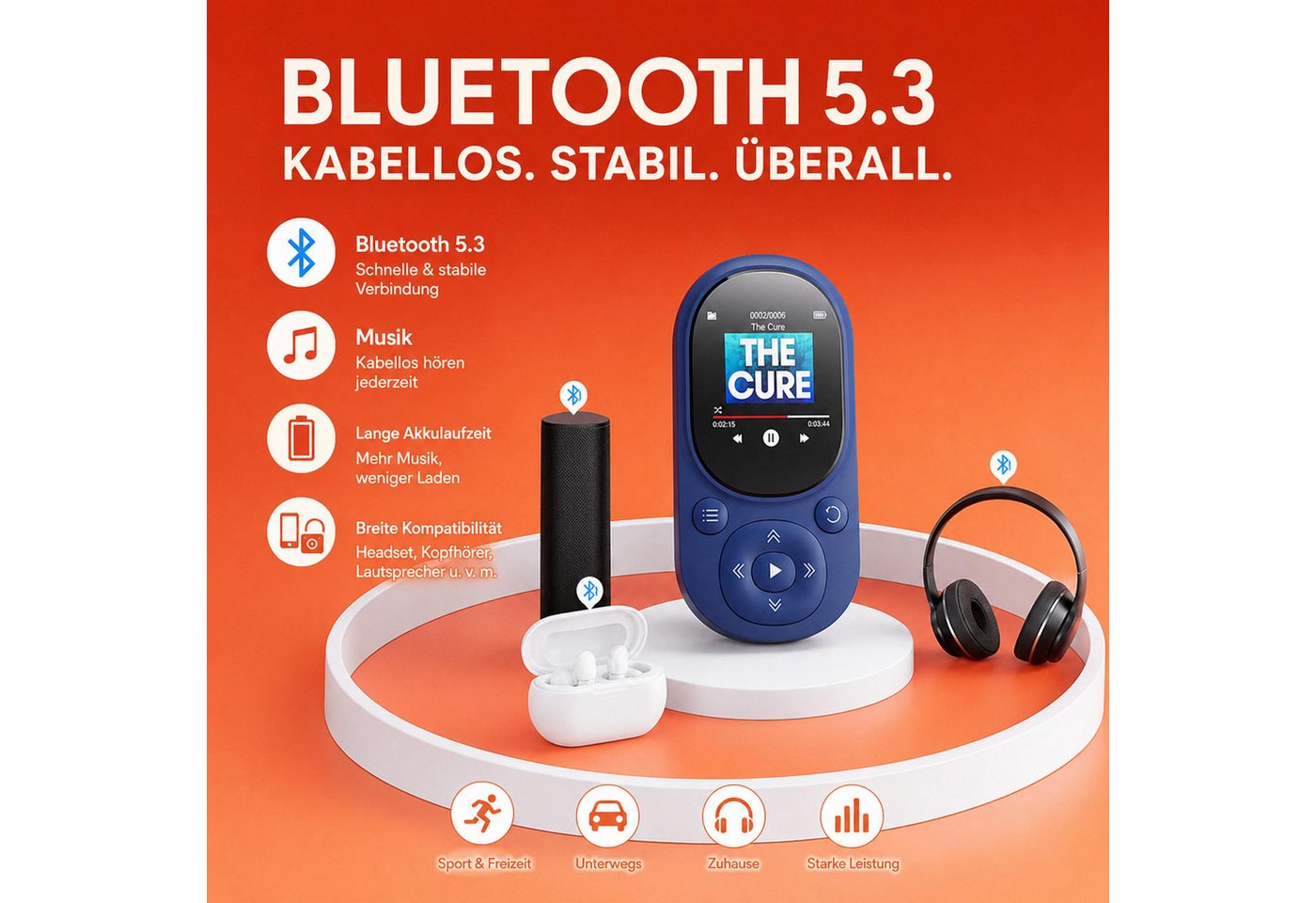 KINSI MP3 Player Bluetooth 5.3 64GB, Sport Musikplayer mit TFT Display MP4-Player (64 GB, Bluetooth, Unterstützt bis 128GB TF Karte, mit unabhängiger Lautstärke – Bild 2 von 5