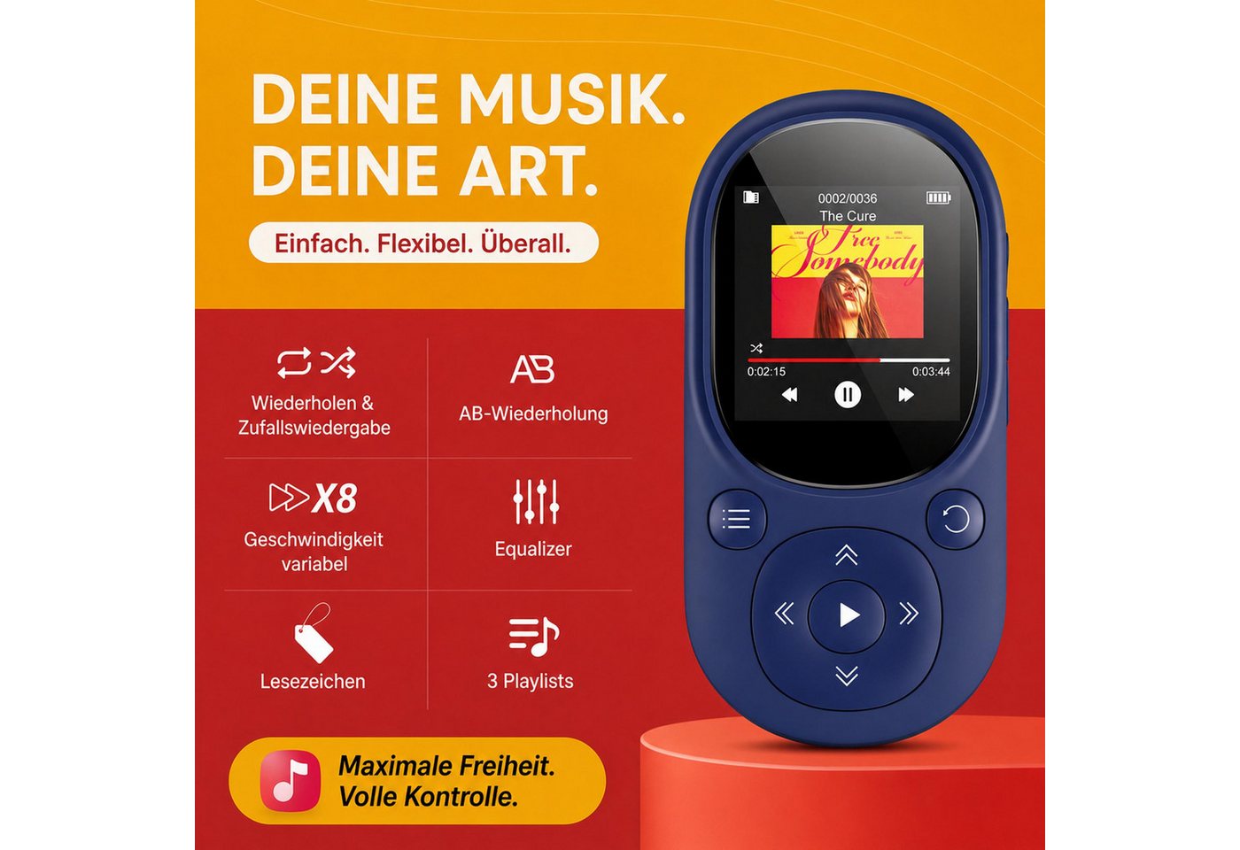 KINSI MP3 Player Bluetooth 5.3 64GB, Sport Musikplayer mit TFT Display MP4-Player (64 GB, Bluetooth, Unterstützt bis 128GB TF Karte, mit unabhängiger Lautstärke – Bild 3 von 5