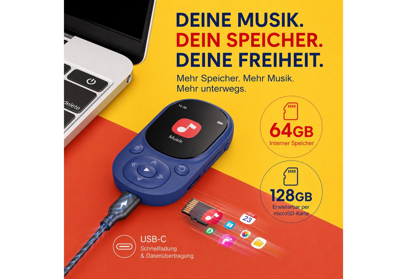 KINSI MP3 Player Bluetooth 5.3 64GB, Sport Musikplayer mit TFT Display MP4-Player (64 GB, Bluetooth, Unterstützt bis 128GB TF Karte, mit unabhängiger Lautstärke – Bild 4 von 5