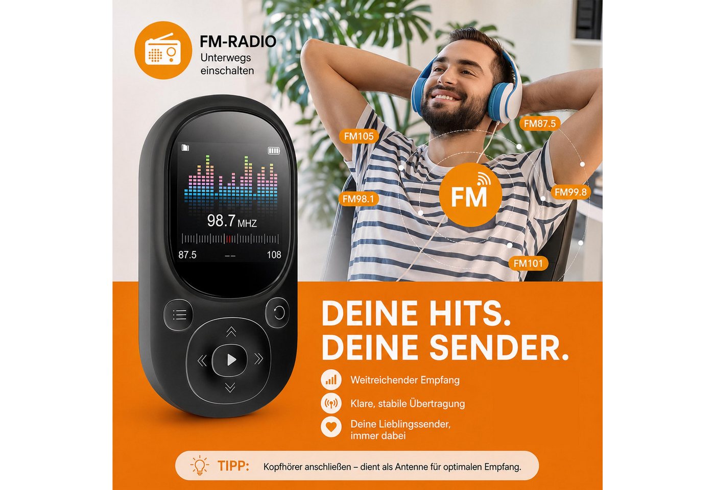 KINSI MP3 Player Bluetooth 5.3 64GB, Sport Musikplayer mit TFT Display MP4-Player (64 GB, Bluetooth, Unterstützt bis 128GB TF Karte, mit unabhängiger Lautstärke – Bild 5 von 5