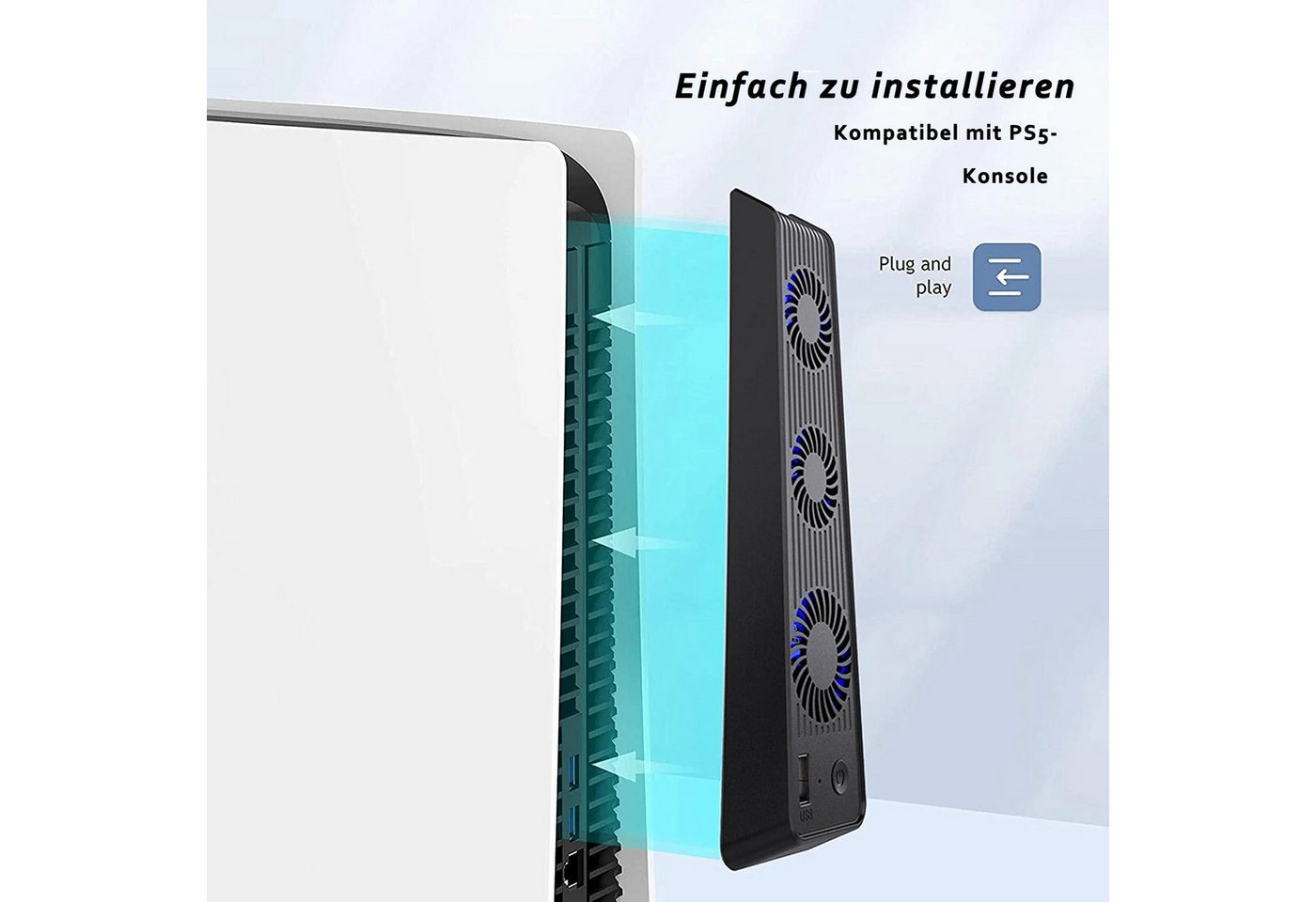KINSI PS5 Mainframe-Kühlgebläse,PS5 Cooling Lüfter,Mit 3 Ventilatoren Controller (Mit externem,USB-Anschluss) – Bild 3 von 5