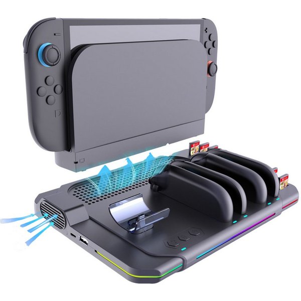 KINSI Switch 2 Ladedock mit Kühlventilator & RGB Beleuchtung Controller-Ladestation (Für Switch 2, für 4 Joy-Cons + Pro Controller + Spielekartenhalter)