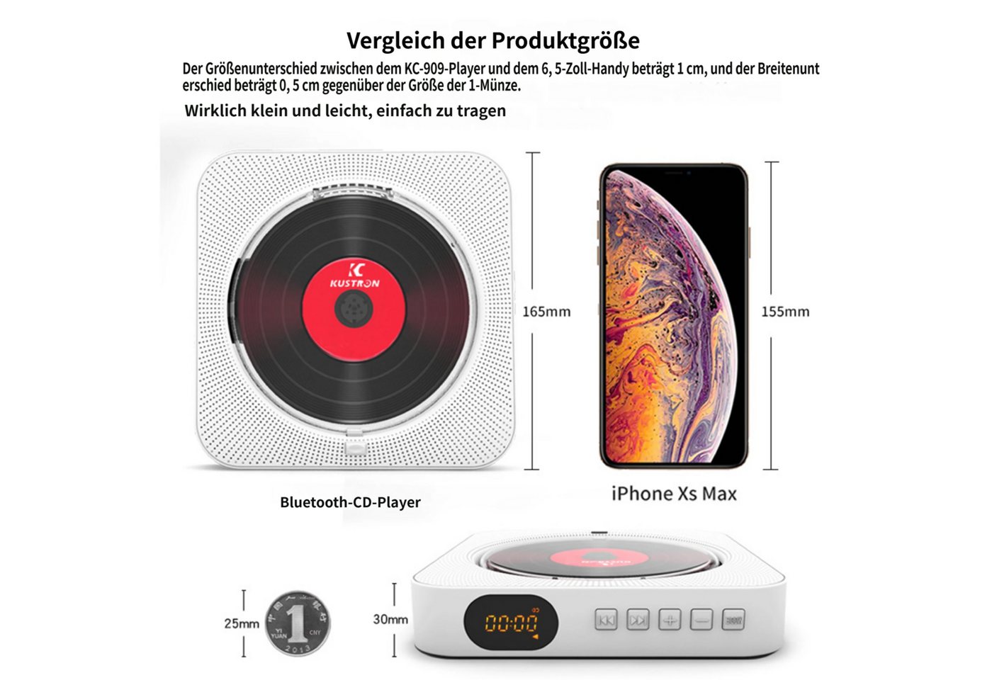 KINSI Wandmontierbarer CD Player,MP3-CD-Player,mit Bluetooth Lautsprecher CD-Player (FM Radio, A-B Wiederholung,Fernbedienung, Timer-Funktion) – Bild 3 von 5
