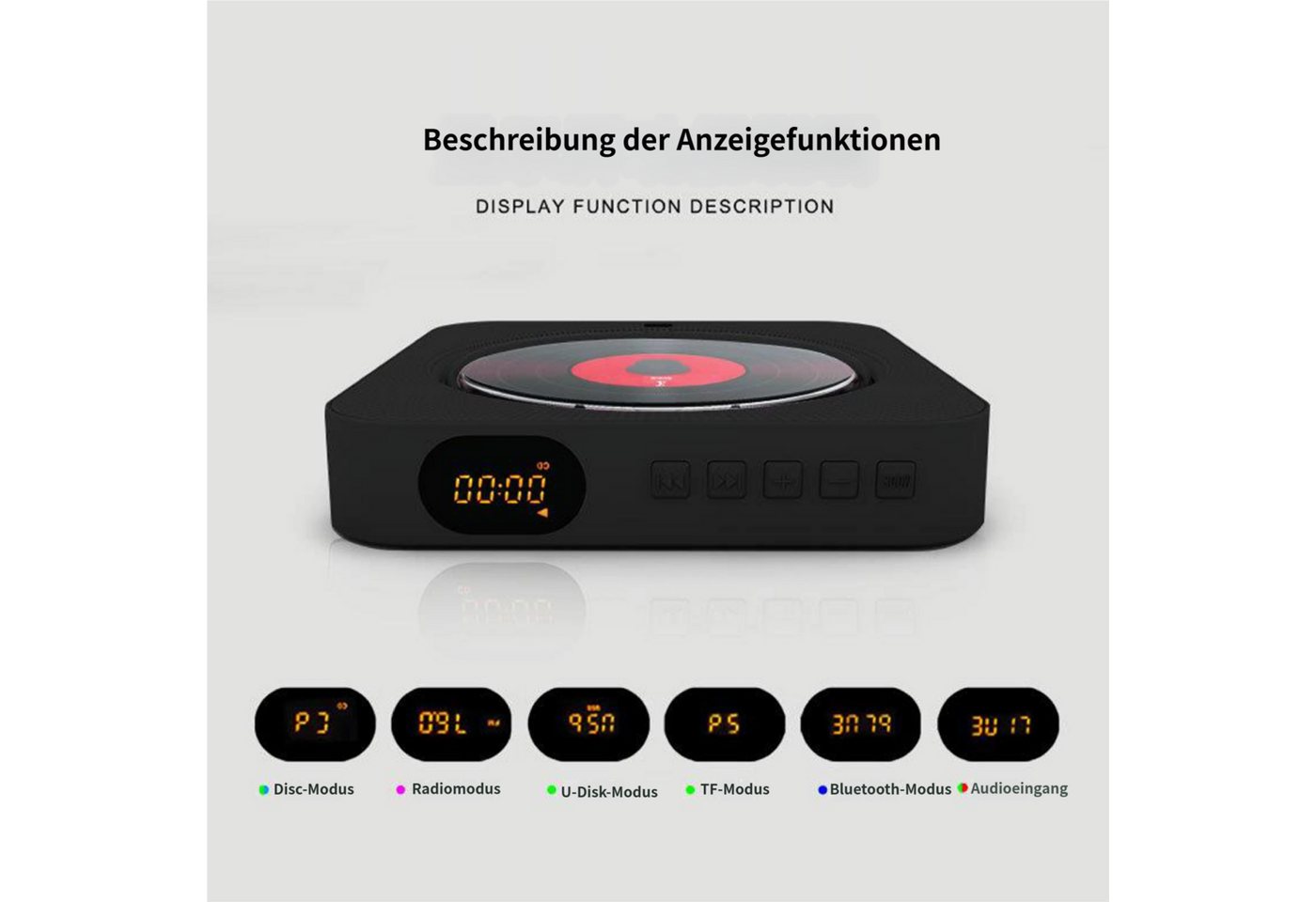 KINSI Wandmontierbarer CD Player,MP3-CD-Player,mit Bluetooth Lautsprecher CD-Player (FM Radio, A-B Wiederholung,Fernbedienung, Timer-Funktion) – Bild 5 von 5