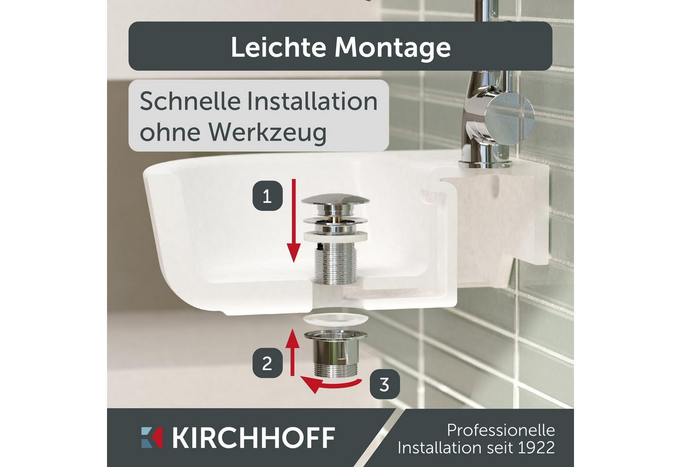 Kirchhoff Ablaufventil Design-Ablaufventil mit Überlauf, Ablauf Senkrecht, [1 1/4", Packung, Ablaufventil für Waschbecken & Waschtisch, Pop Up Ventil, Push-Open – Bild 4 von 5