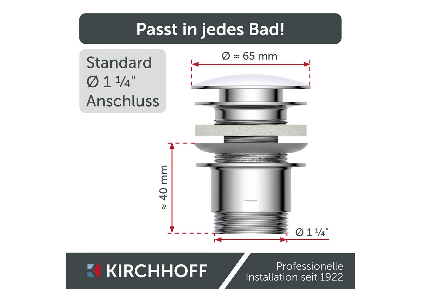 Kirchhoff Ablaufventil Design-Ablaufventil mit Überlauf, Ablauf Senkrecht, [1 1/4", Packung, Ablaufventil für Waschbecken & Waschtisch, Pop Up Ventil, Push-Open – Bild 5 von 5