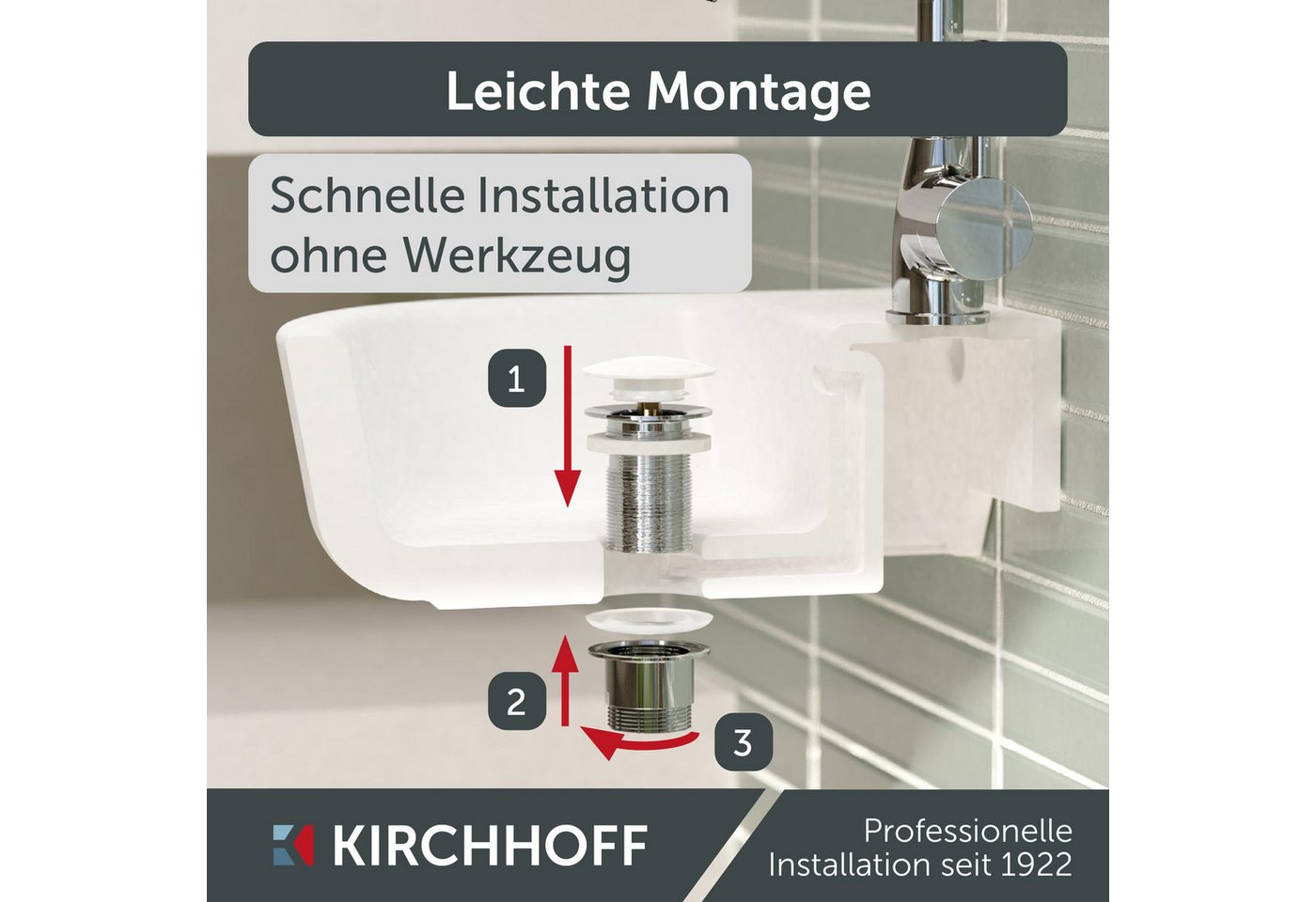 Kirchhoff Ablaufventil Design-Ablaufventil mit Überlauf, Ablauf Senkrecht, [1 1/4", Packung, Ablaufventil für Waschbecken & Waschtisch, Pop Up Ventil, Push-Open – Bild 4 von 5