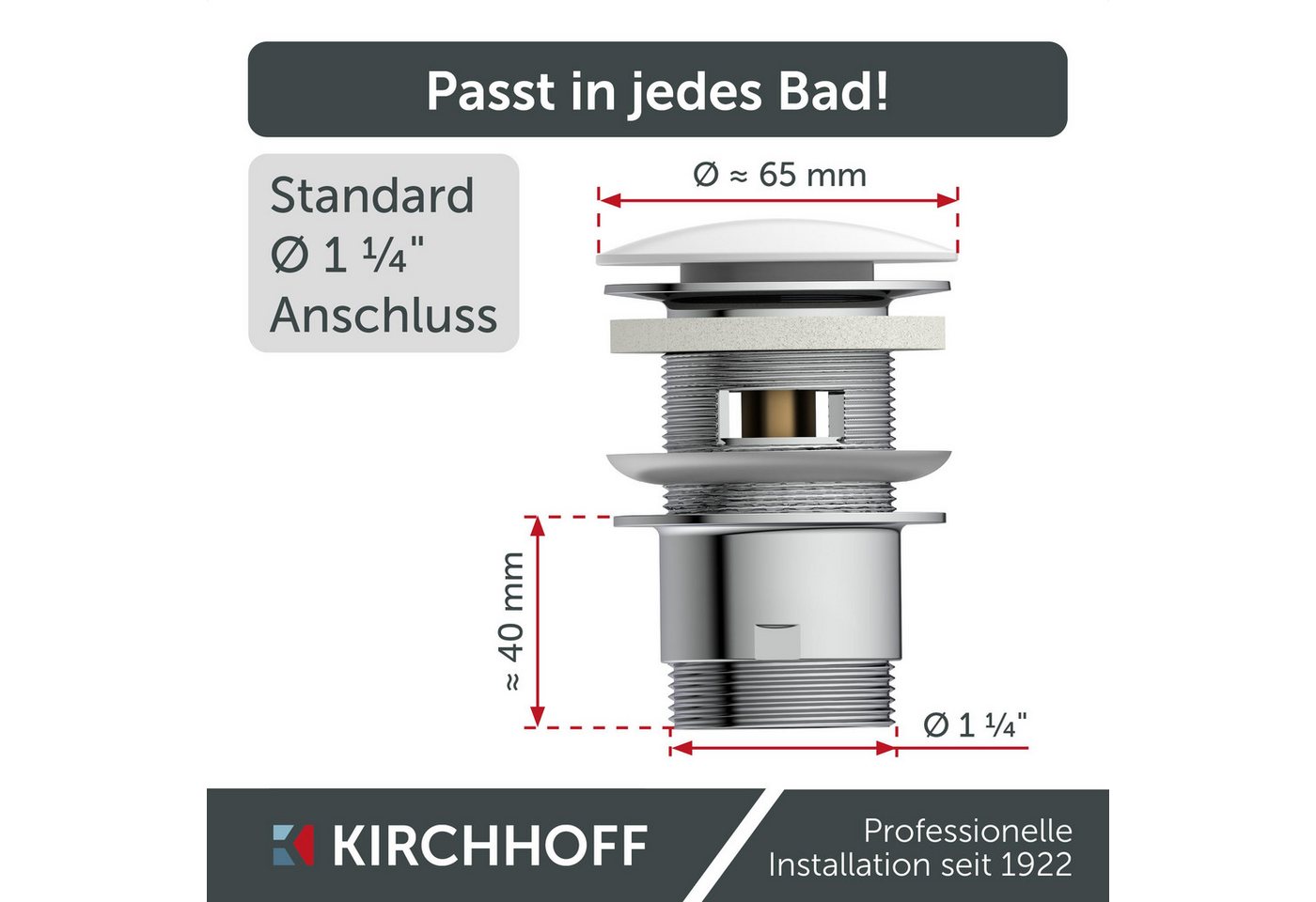 Kirchhoff Ablaufventil Design-Ablaufventil mit Überlauf, Ablauf Senkrecht, [1 1/4", Packung, Ablaufventil für Waschbecken & Waschtisch, Pop Up Ventil, Push-Open – Bild 5 von 5