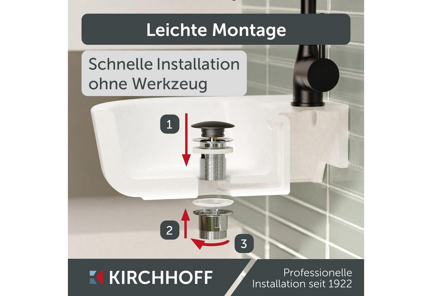 Kirchhoff Ablaufventil Design-Ablaufventil mit Überlauf, Ablauf Senkrecht, [1 1/4", Packung, Ablaufventil für Waschbecken & Waschtisch, Pop Up Ventil, Push-Open – Bild 4 von 5