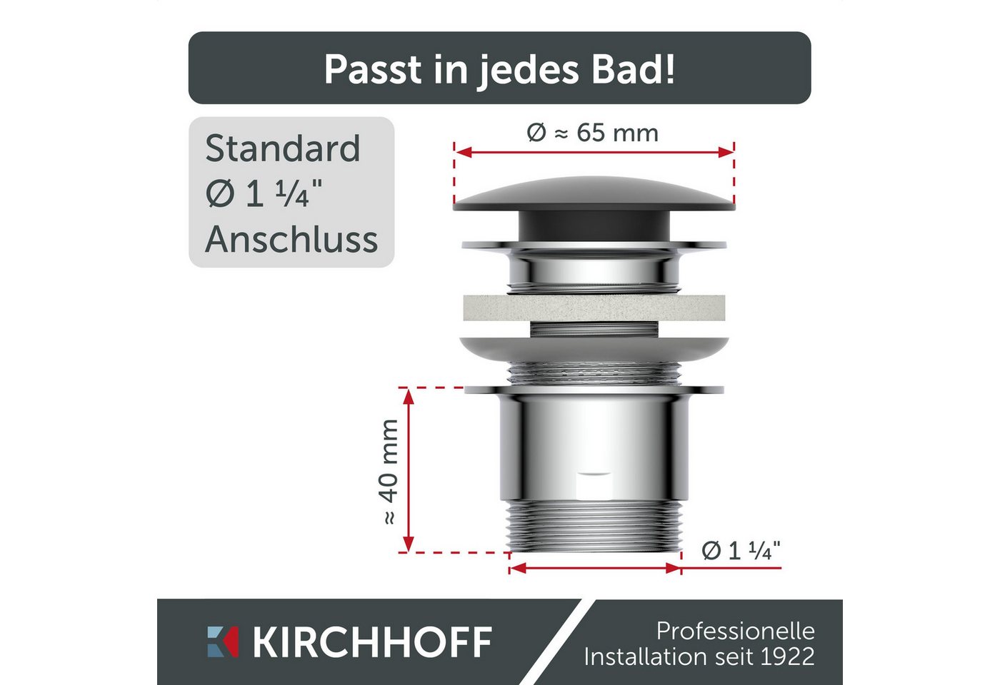 Kirchhoff Ablaufventil Design-Ablaufventil mit Überlauf, Ablauf Senkrecht, [1 1/4", Packung, Ablaufventil für Waschbecken & Waschtisch, Pop Up Ventil, Push-Open – Bild 5 von 5