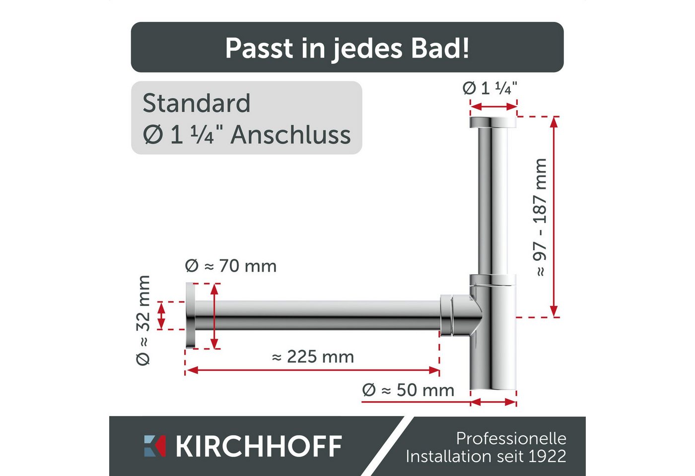 Kirchhoff Siphon Design Flaschensiphon inkl. Reinigungsöffnung, Röhrengeruchsverschluss für Waschbecken/Waschtische – Bild 4 von 5