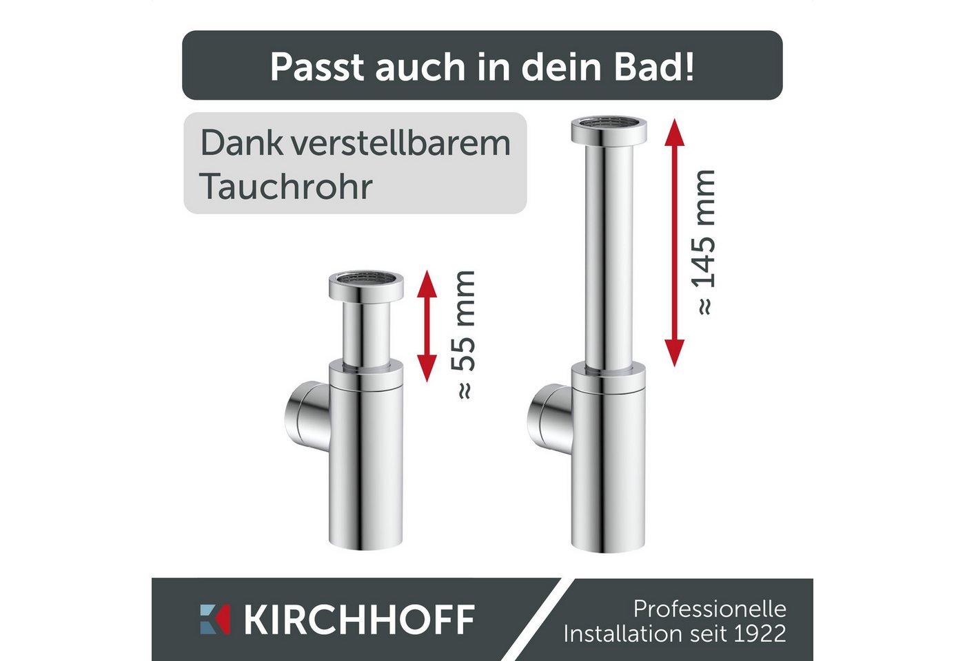Kirchhoff Siphon Design Flaschensiphon inkl. Reinigungsöffnung, Röhrengeruchsverschluss für Waschbecken/Waschtische – Bild 5 von 5