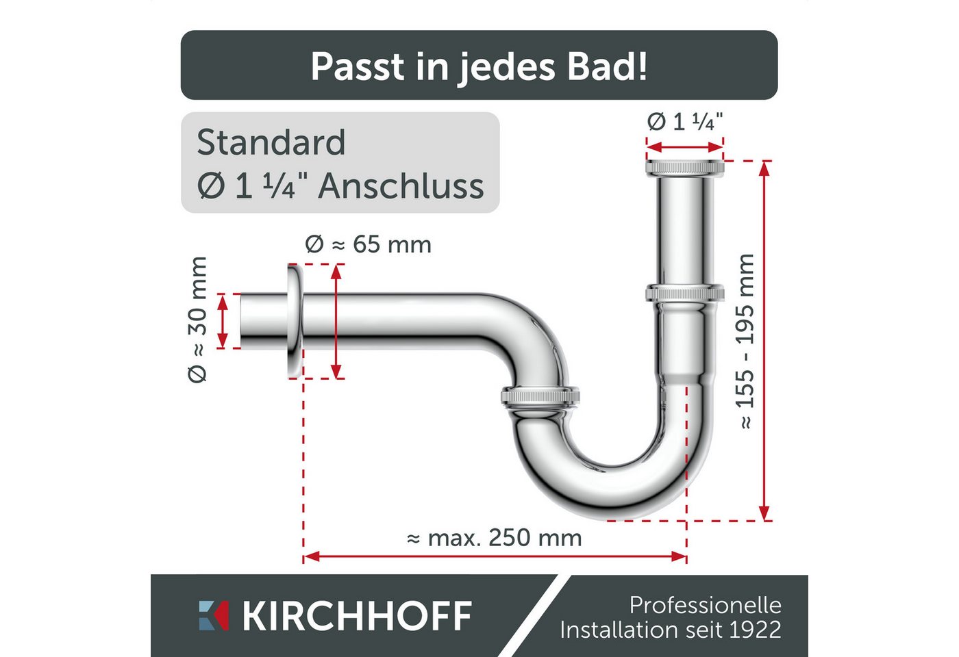 Kirchhoff Siphon Röhrensiphon, Chrom, 1 1/4" x 32 mm – Bild 3 von 5
