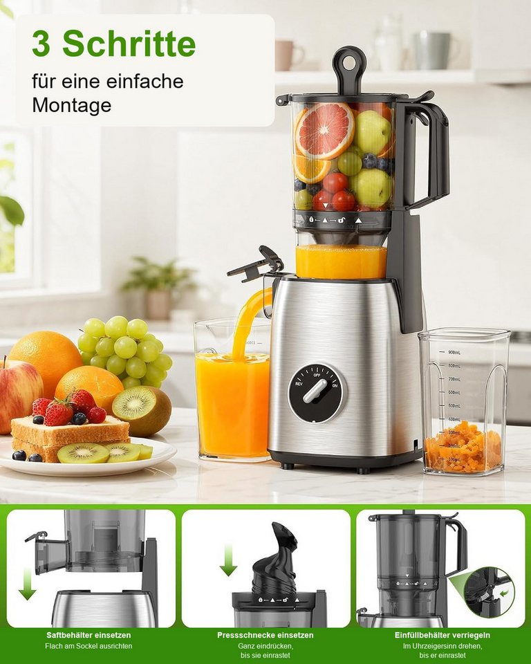 Kismile Entsafter mit modernem Touchscreen, 135 mm XXL-Einfüllschacht, 300 W, Hohe Saftausbeute für Gemüse & Obst, Schlankes Design – Bild 2 von 5