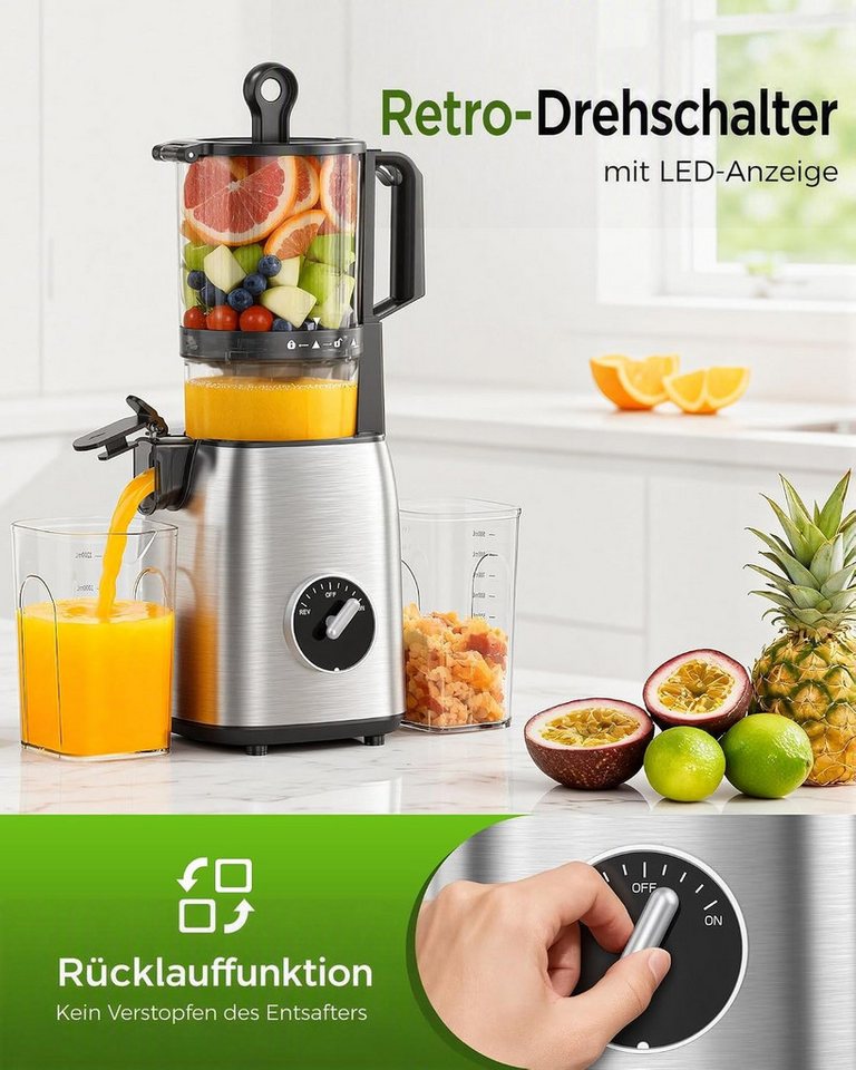 Kismile Entsafter mit modernem Touchscreen, 135 mm XXL-Einfüllschacht, 300 W, Hohe Saftausbeute für Gemüse & Obst, Schlankes Design – Bild 4 von 5